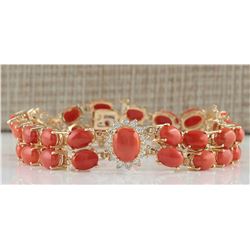 31.50 CTW Natural Red Coral And Dimond Bracelet In 14k Solid Yellow Gold