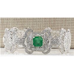 12.0CTW Natural Colombian Emerald And Diamond Bracelet In 14K White Gold