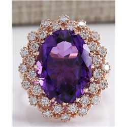 9.19CTW Natural Amethyst And Diamond Ring In 14K Solid Rose Gold