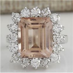 7.92 CTW Natural Peach Morganite And Diamond Ring In 14K Solid White Gold