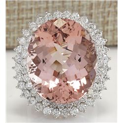 31.81 CTW Natural Peach Morganite And Diamond Ring In 14K Solid White Gold