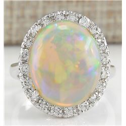 8.30CTW Natural Opal And Diamond Ring 14K Solid White Gold