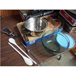 Box Full Of Kitchen Utensils – Strainer, Bowl, Measuring Cup, Plastic Spoons