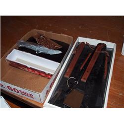 Box Full Of Misc Items, Hunting Knife With Sheath, Organizer, BBQ Set