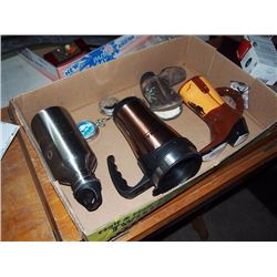 Box Full Of Misc Items, Cowboy Boot Planters, Coffee Mugs, Pocket Watches