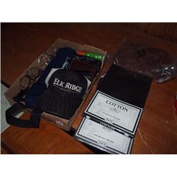 Box Full Of Misc Items, Saftey Glasses, Pillow Cases, Hats, Wallets