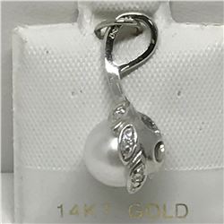 #44-14KT WHITE GOLD PEARL AND DIAMOND PENDANT