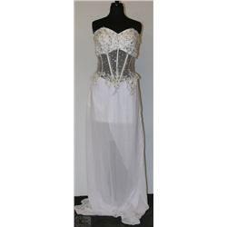 GRACE KARIN STRAPLESS WHITE SHEER DRESS WITH GEMS