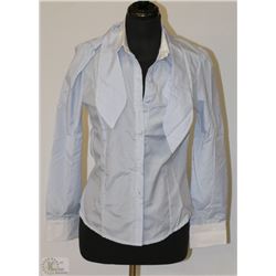 SIZE LARGE BLUE/ WHITE STRIPE BLOUSE WITH TIE