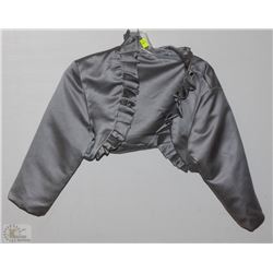 GREY HALF JACKET WITH RUFFLE COLLAR SIZE UNKNOWN