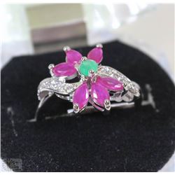 #39-NATURAL RED RUBY,EMERALD &CZ.925 SOLID SILVER