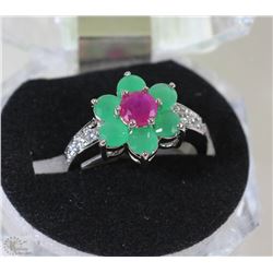 #41-NATURAL RUBY,EMERALD,CZ .925 SOLID SILVER RING