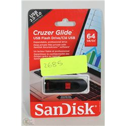 NEW SANDISK 64GB CRUZER GLIDE USB FLASH DRIVE