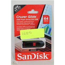 NEW SANDISK 64GB CRUZER GLIDE USB FLASH DRIVE