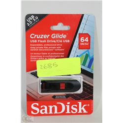NEW SANDISK 64GB CRUZER GLIDE USB FLASH DRIVE