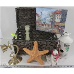 HOME DECOR LOT WITH BIRD HOUSE , OIL PAINTING,