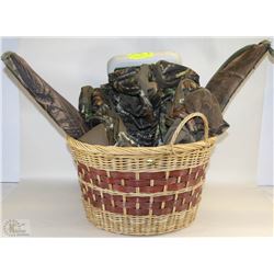 BASKET OF CAMO INCL GUNCASE, BACK PACK AND BOOT