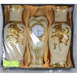 LOT OF THREE SHOWHOME VASES, ONE WITH CLOCK