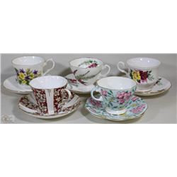 COLLECTION OF 5 CHINA CUPS/SAUCERS MADE IN ENGLAND