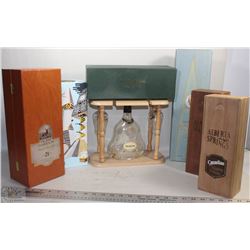 BOX W/VINTAGE BOTTLE BOXES INCL. HENESEY GLASS SET