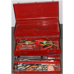 RED TOOLBOX WITH ASSORTED TOOLS AND SOCKET SETS