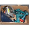 Image 1 : BOX WITH MAKITA DRILLS, CHARGER, OIL FUNNEL, BLACK