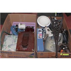 2 BOXES WITH SEWING KIT, IRON, SHOE SHINE KIT AND
