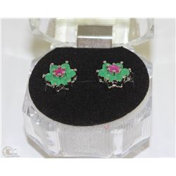 #43-GREEN EMERALD&RUBY.925 SOLID SILVER EARRINGS