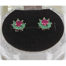 #46-GREEN EMERALD&RUBY.925 SOLID SILVER EARRINGS