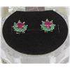 Image 1 : #46-GREEN EMERALD&RUBY.925 SOLID SILVER EARRINGS