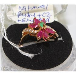 #64-RED RUBY,EMERALD&CZ .925 SOLID SILVER RING