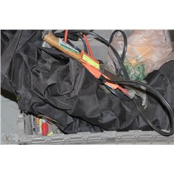 GREY TOTE FULL OF TOOL, BBQ COVER AND MORE