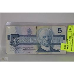 1986 CANADIAN $5.00 BILL