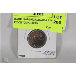 RARE 1867-1992 CANADA 25 CENT PIECE (QUARTER)