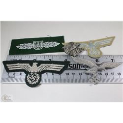LOT OF WWII GERMAN REPRODUCTION- 4 PATCHES & PINS