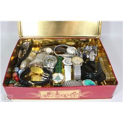 TIN OF ASSORTED WATCHES,VINTAGE MARBLES,BEADED