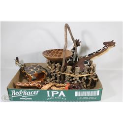 FLAT WITH AFRICAN BOWLS, STAND, GIRAFFES, BASKET,