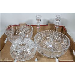 FLAT W/ ASSORTED CRYSTAL INCL FOOTED, LIDDED DISH