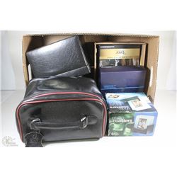 BOX OF MISC INCL PHOTO COASTERS, FLEXBELT MUSCLE