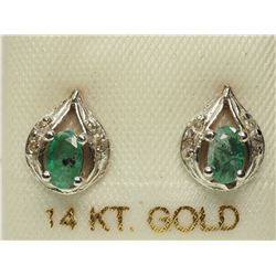 #5-14K WHITE GOLD EMERALD& DIAMOND EARRINGS