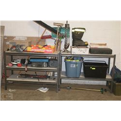 LOT OF TWO SHELVES WITH ASSORTED TOOLS, LASER