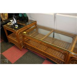 WICKER AND BAMBOO COFFEE TABLE WITH GLASS TOP