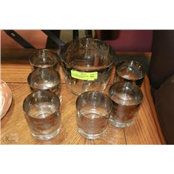 6 ETCHED AND FROSTED GLASSES WITH ICE BUCKET