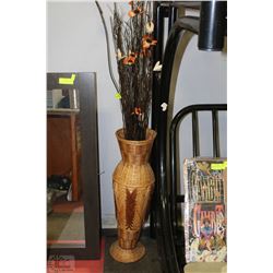 LARGE WICKER VASE W/DECORATIVE WOOD