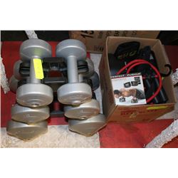 BOX OF EXERCISE GEAR INCL DUMBELLS WITH STAND
