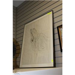 FRAMED SIGNED PRAYING HANDS PENCIL DRAWING 24"X30"