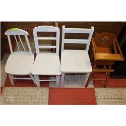 3 DOLLS CHAIRS AND HIGH CHAIR
