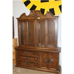 WOOD AND GLASS BUFFET AND HUTCH WITH GLASS SHELVES