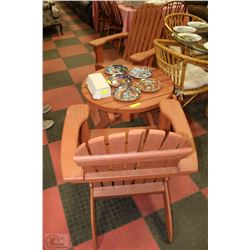 WOODEN TABLE AND 2 WOODEN CHAIRS