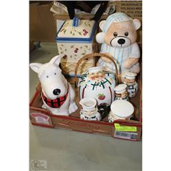 FLAT WITH ASSORTED COOKIE JARS INCL TERRIER &